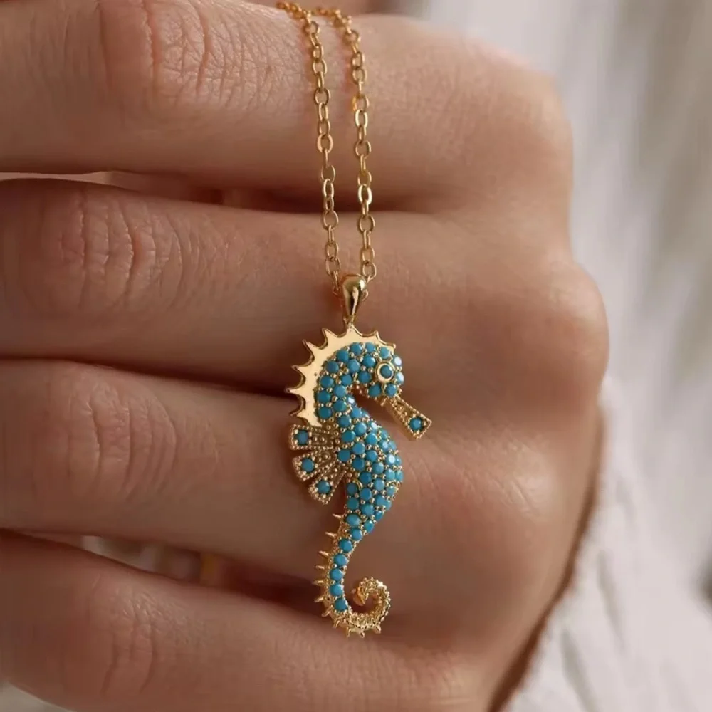 18K Gold Seahorse Micro Pave Turquoise Gemstones Bohemian Minimalist Nautical